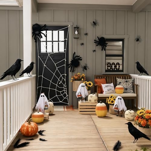 FUNPENY Halloween Black Feathered Crows, Lifelik Halloween Decoration Birds with Real Feather (12 Pack)