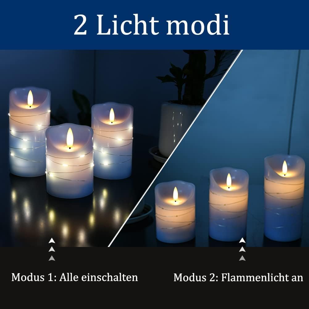 danip Sky Blue LED Flameless Candle, with Embedded Star String, 3-Piece Set of LED Candles, with 11 Button Remote