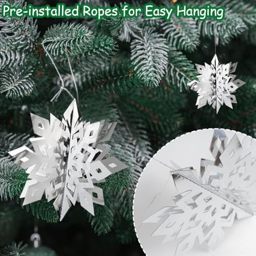Snowflake Decorations, Paper Christmas Hanging Decor Indoor, Silver, 36-Pc