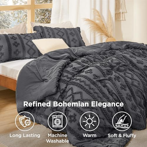 Bedsure Tufted Boho Comforter Set Twin Size - Dark Grey Boho Bed Set, GentleSoft™ 2 Pieces Farmhouse-Style Embroidery