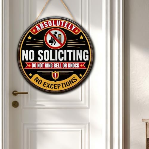 Absolutely No Soliciting Wooden Hanging Sign for House Front Door, Don't Knock or Ring Doorbell Sign for Private Property