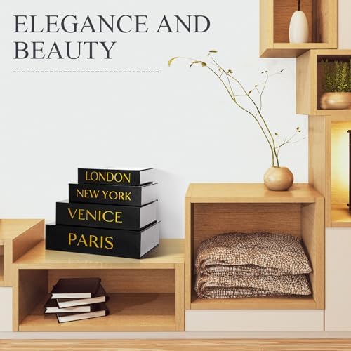 Sabary Set of 4 Decorative Books Boxes Faux Books Stacked for Modern Home Coffee Tables Bookshelves DIY Crafts Decor, Black and Gold