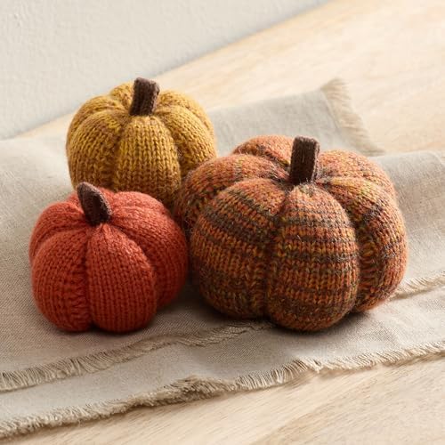 Set of 3 Cozy Mini Knit Pumpkins, Green Gold (Spiced Maple Multi-Size Set)