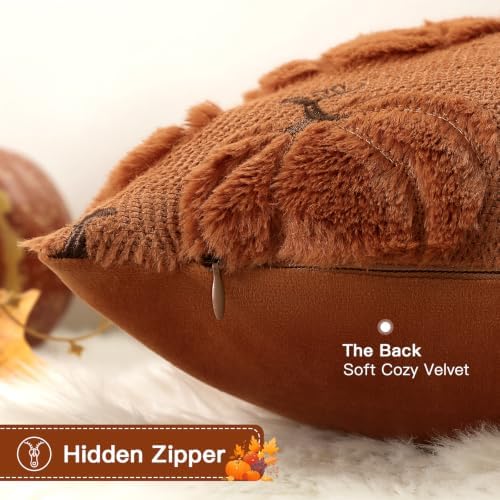 Artscope Pumpkin Fall Throw Pillow Covers 18x18 Set of 2, Autumn Soft Plush Faux Fur Decoration Cushion Covers for Thanksgiving Holiday Couch Sofa Bedroom Home Decor-Rust