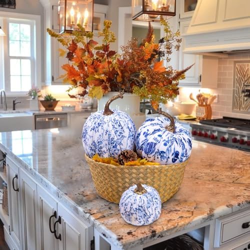 GnFlus Fake Pumpkin Decor 3 Pcs Faux Pumpkins Small Blue and White Velvet Pumpkins Mini Artificial Pumpkin Fall Decorations for Home Table Farmhouse Mantel Halloween Thanksgiving