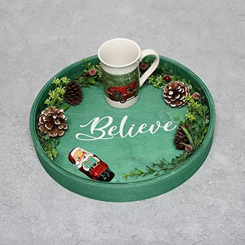 Elegant Designs HG2013-GBL Christmas Decorative 13.75'' Round Wood Serving Tray w/Handles, Green Believe