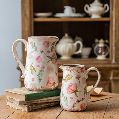 Retro Rustic Large Ceramic Vase / Floral and Fruit / Large Pitcher