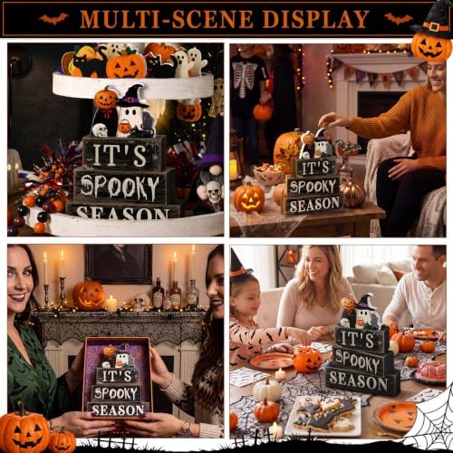 Moucuny 4 Pcs Halloween Table Decor Pumpkin Ghost Wood Stacked Block Decor