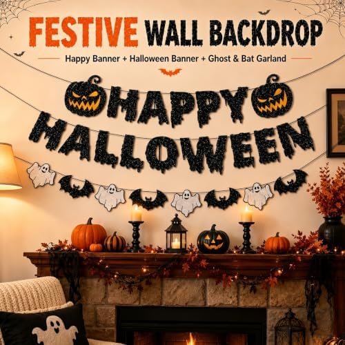8Pack Halloween Decorations Indoor Halloween Decor, Spider Web Table Cloth/Black Lace Table Runner, Fireplace Mantel Scarf, Cobweb Lampshade with 3D Bat Wall Stickers, Halloween Spooky Home Decor.