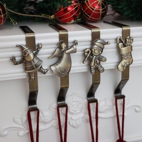 Christmas Stocking Holder for Mantle Set of 4, Reusable Christmas Stocking Hooks, No-Damage Xmas Hanger for Fireplace mantle Grip Stand Christmas Decoration Ornaments Hanging Sliver Shelf Floor