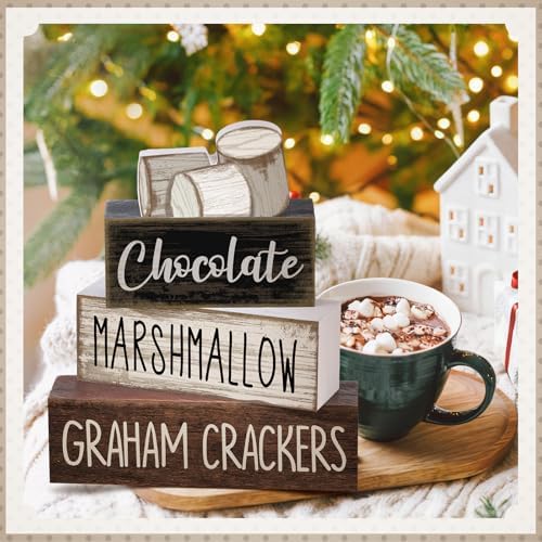 Moucuny 4 Pcs Wooden Block Signs Farmhouse Table Tiered Tray Smores Theme