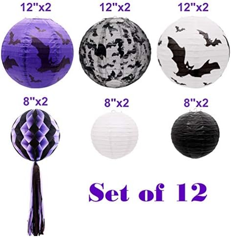 UNIQOOO 12pcs Halloween Paper Lanterns Set, Black White Purple