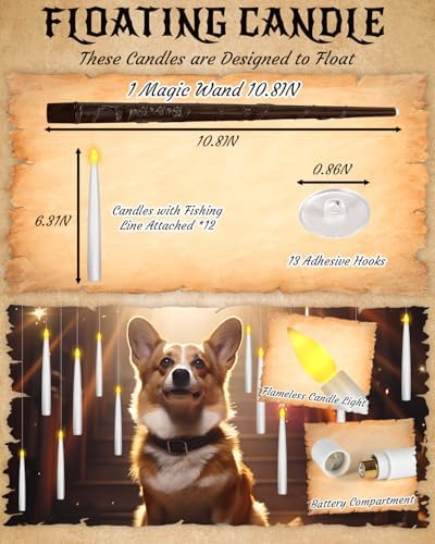20pcs Flameless Taper Candles with Remote, 3D Window Candle, Floating Hanging Candles with Wand, 6.3IN Led Taper Candle Battery Operated, Christmas Decor for Home Wedding,Halloween