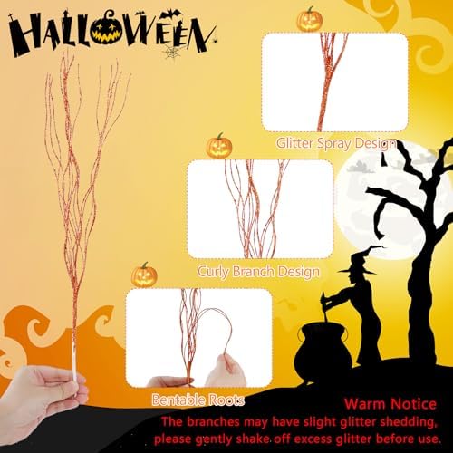 YBB 30Pcs Halloween Artificial Glitter Branches, 17 Inch Fall Stem Floral Picks Decorative Twigs for Halloween Thanksgiving Day Home Table Vase Decoration (Green&Purple&Orange)