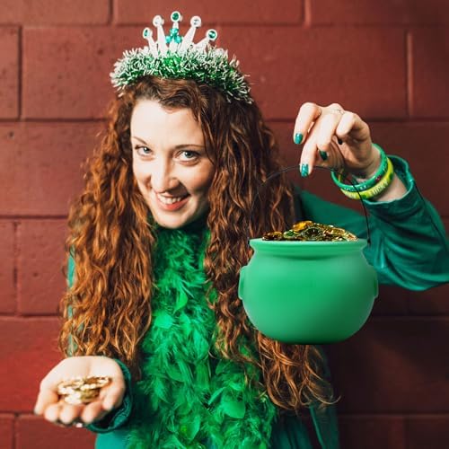8 Inch Plastic Green Cauldron Kettle for St. Patrick's Day and Halloween, Large Pot of Gold Bucket for Table Decorations, Centerpieces, Trick or Treat & St. Paddy's Party Supplies