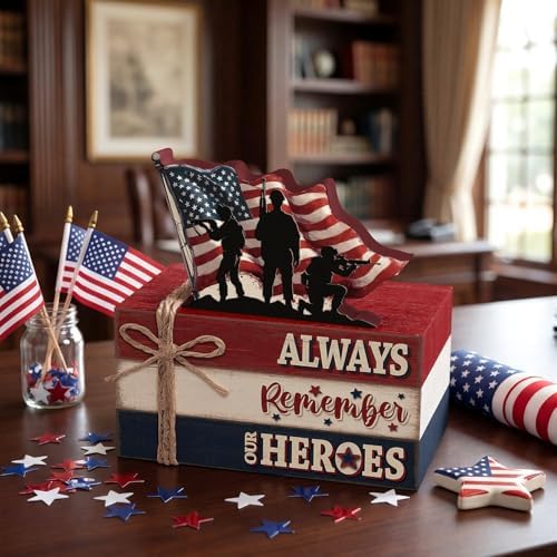 Geelin 4 Pcs 4th of July Wooden Book Stack Sign Decor, 250th Anniversary Patriotic Red White USA Tabletop Decoration with Soldier and American Flag, Rustic Farmhouse Tiered Tray Decor for Home Office