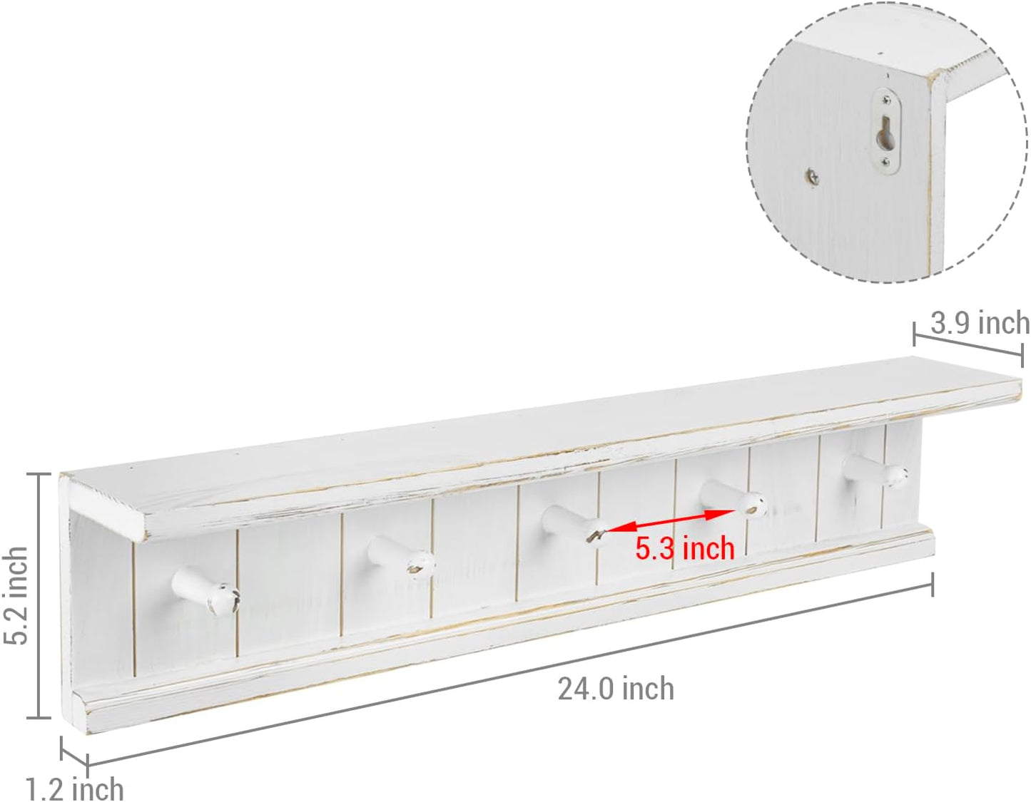MyGift Wall Mounted White Wood Bathroom Shelf with 5 Hooks Towel Rack | Open Display Shelving with Five Hanging Pegs