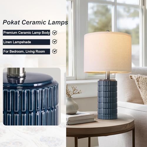 PoKat 20.75" Small Blue Table Lamps, Farmhouse Bedside Lamps for Bedroom Set of 2, Ceramic End Table Lamps for Night