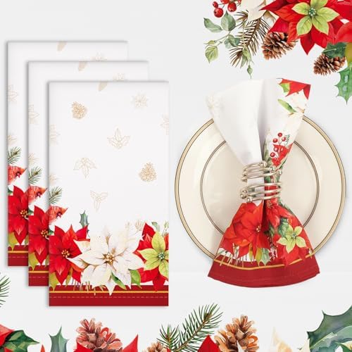 Christmas Poinsettia Cotton Cloth Napkins, Red, 18×18 in, Set of 4