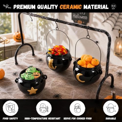Halloween Party Decorations, 3 Pack Ceramic Witches Cauldron Bowls on Rack
