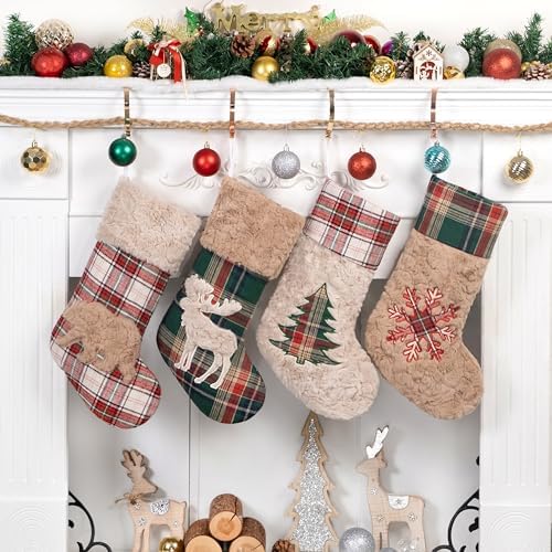LUBOT New 4 Pack Christmas Stocking 20" Red Green Plush Plaid Mix and Match Classic Rustic Farmhouse Country Cotton Fireplace Hanging Xmas Stockings Decorations for Family Holiday Season Decor