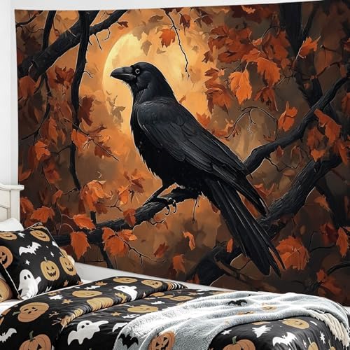 HVEST Fall Halloween Tapestry Wall Hanging Spooky Black Crow on Tree Branch Wall Art Orange Full Moon and Autumn Maple Leaf Tapestry for Bedroom Living Room Dorm Wall Decor, 60L X 80W inches
