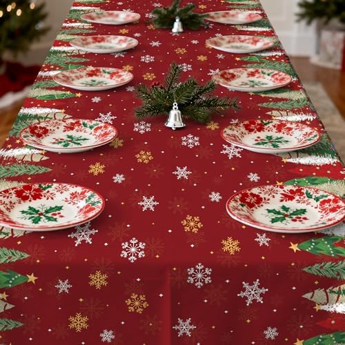 Gistome 3-Piece 54 x 108 Inch Christmas Tree Plastic Tablecloth – Holiday Disposable Red and Green Table Cover for Christmas Dinners, Winter Parties, and Indoor Outdoor Decorations