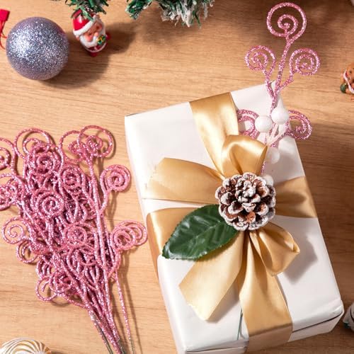 Ysleen 50 Pcs Glitter Tree Picks and Sprays Twigs Branches, Pink