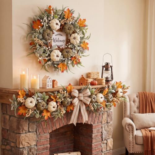 Sggvecsy Fall Wreath 23’’ Autumn Front Door Wreath Harvest Wreath with Welcome Sign Pumpkins Maple Leaves Lambs Ear Pine Needles for Outside Indoor Wall Festival Thanksgiving Autumn Decor