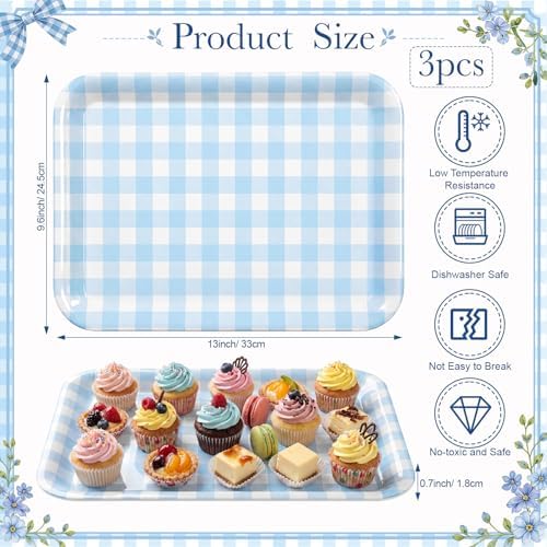 Vesici 3 Pcs Light Blue Gingham Serving Trays 13 x 10 Inch Melamine Platter