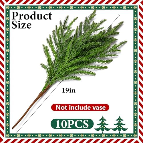 Purple Star 10 Pcs Christmas Norfolk Pine Branches, 19" Extra Length Artificial Xmas Branches Plants Pine Needles, Fake Greenery Norfolk Pines Stems Sprigs for DIY Craft Garland Home Garden Decor