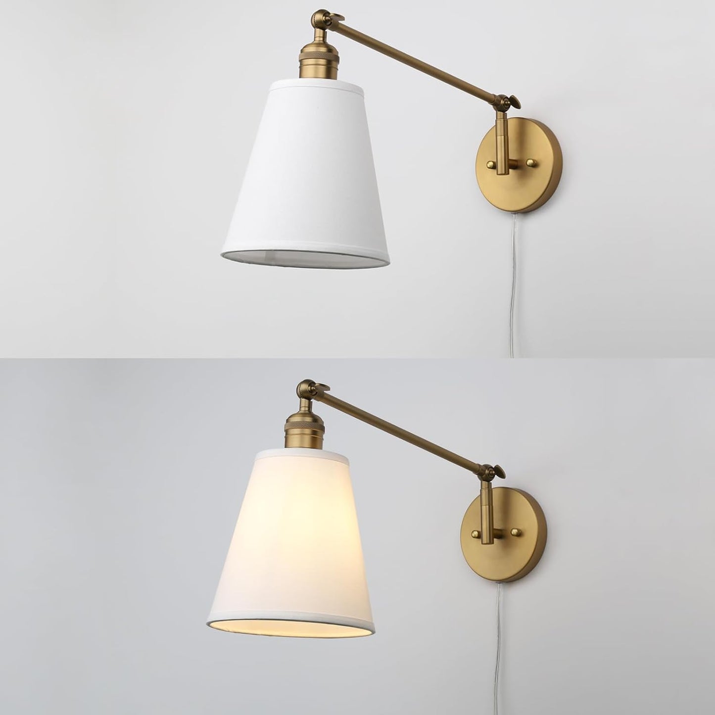 Retro Swing Arm Wall Sconce Plug in Wall Lamp Single Sconce Light Fixture with White Fabric Shade for Bedroom Living