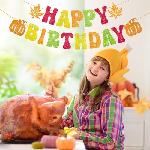 Thanksgiving Glitter Happy Birthday Banner - Autumn Fall Theme Hanging Paper Garland Bunting Banner with Pumpkin and Maple Leaf Decorations, Photo Backdrop for Wall Home Mantle Office Party Supplies