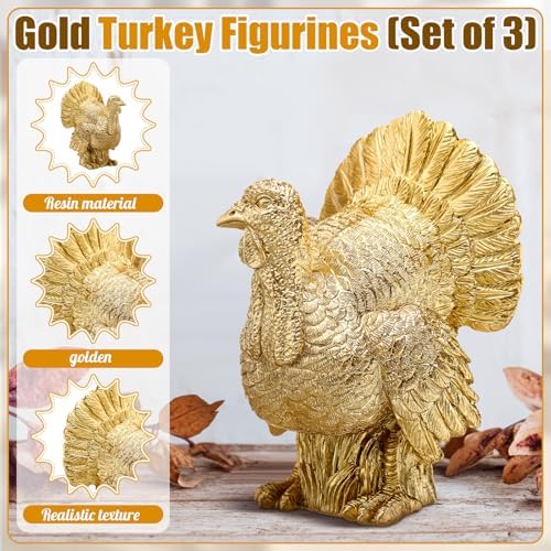 VioraWhite 3 Pack Fall Thanksgiving Turkey Decor Gold Resin Turkey Figurine