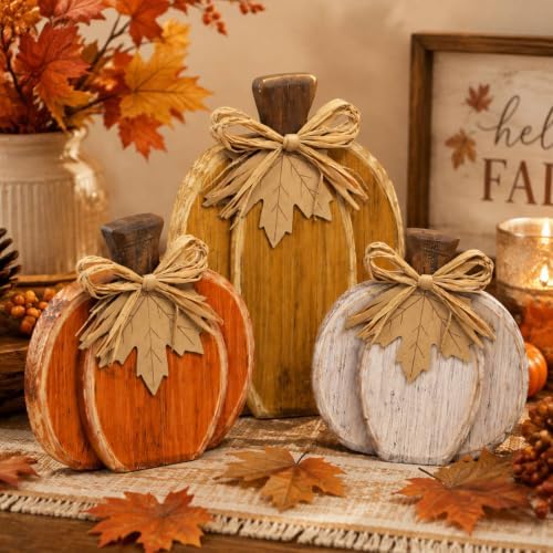 Cinnvoice 3 Pcs Fall Pumpkin Decor Fall Wooden Signs 3D Pumpkin Tabletop Signs Farmhouse Thanksgiving Tiered Tray Decorations for Home Harvest(Rustic,Yellow Orange,7.3" 9")