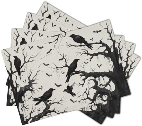Crow Halloween Placemats Set of 4 18x12 Inch Ravens and Bats in Forest Linen Place Mats Heat-Resistant Washable Wipeable Holiday Table Mat for Party Kitchen Dining Room Dinner Table Decor