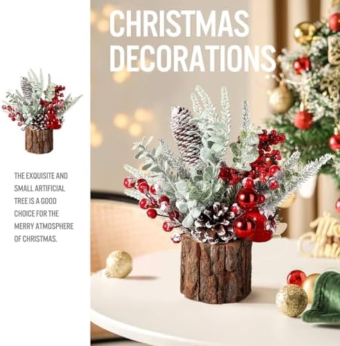 Hatisan Small Christmas Tree with Christmas Ornaments Pine Cone Berry, Tabletop Artificial Christmas Tree for Christmas Decorations Home Room Party Winter Indoor Outdoor(2 Pack Red-Round)