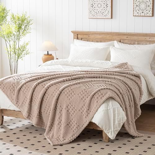 Waffle Brown Throw Blanket -Fluffy Fleece, Neutral Tan Color, Cute & Aesthetic, Perfect for Sofa, Couch, Chair, Bed