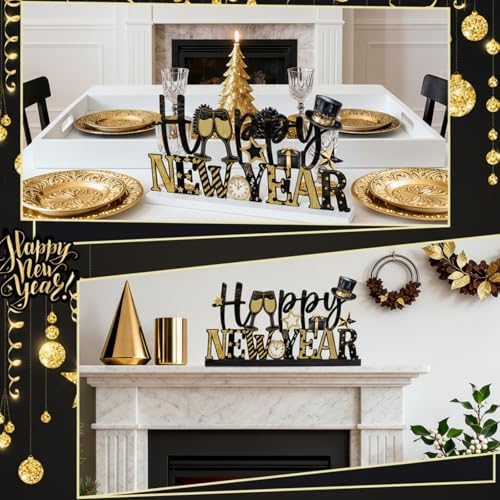 Cinnvoice Happy New Year Table Decoration Metal New Year Letter Sign 2026 Black and Gold Table Centerpieces with Wooden Base for Home Tiered Tray Centerpiece Mantel Shelf Fireplace Eve Party Supplies
