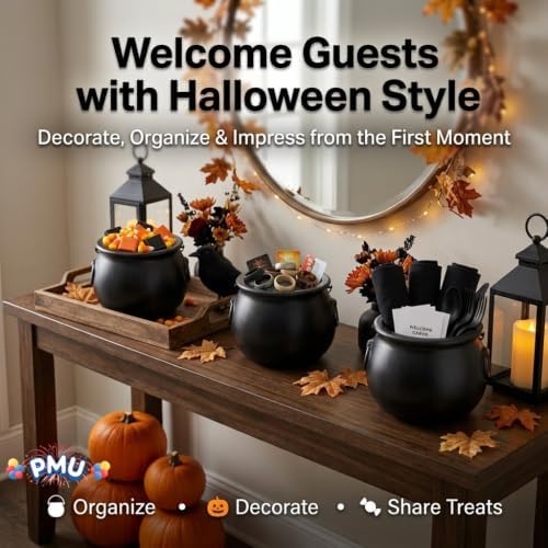 PMU 3 Pcs Halloween Small Cauldron 6 Inch Witch and Wizard Trick or Treat Blow Mold Plastic Candy Basket Black Cauldron for Home Decoration and Halloween Party Favors