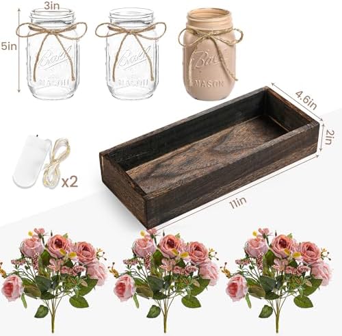 3 Pcs Mason Jar Centerpiece Table Decorations for Dining Table Decor Farmhouse Coffee Table Decor with Wood Tray and