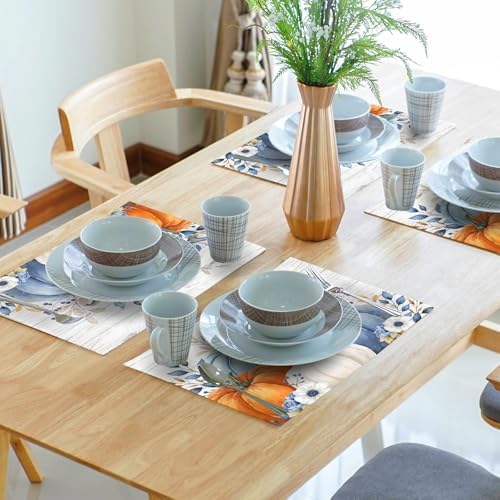Thanksgiving Placemats Set of 4 18x12 Inch Fall Blue Pumpkin Linen Place Mats Heat-Resistant Washable Wipeable Autumn Leaf Floral Wood Grain Table Mat for Party Kitchen Dining Room Dinner Table Decor