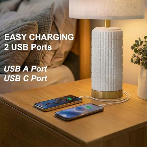 PoKat 21.5'' Stone-Like Bedside Table Lamps Set of 2 for Bedroom with 2 USB A+C, Modern Lamps for Living Room, Ceramic