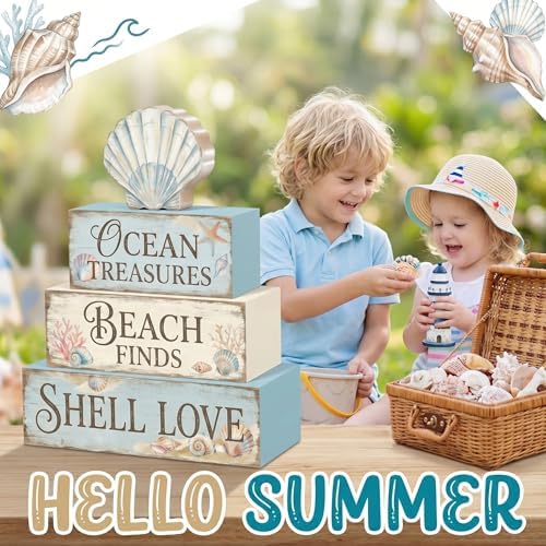 Britimes Tiered Tray Decor Set, 4 Pack, Wooden Table Sign, Seahorse Coastal