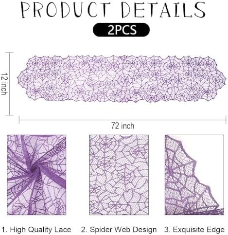 Halloween Table Runner 2 Pcs Purple Spiderweb Table Runner Lace Spider Web Table Runners for Halloween Table Decor Lace Runner for Tables Tables Centerpiece Kitchen Dining Decoration 12x72 Inch