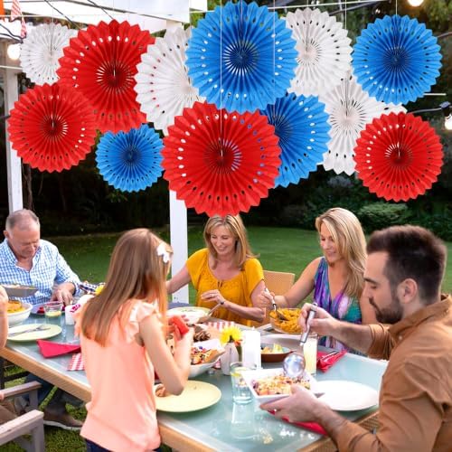 BestoFun 12 PCS 4th of July Patriotic Decorations Red White Blue Paper Fans for American Fourth of July Memorial Day Independence Day Veterans Day Party Decor Supplies