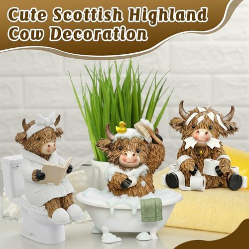 3 Pcs Bathroom Highland Cow Figurines Gifts Decor