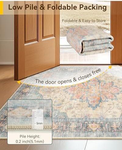 RELEANY Washable Area Rug, 3'x5', Blue/Orange/Red