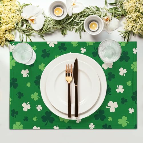 St Patrick's Day Placemats Set of 6 18x12 Inch Green Shamrock Irish Linen Place Mat Heat-Resistant Washable Wipeable Saint Patrick's Day Four Leaf Clover Table Mat for Party Kitchen Dining Home Decor