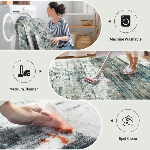 2'6''x8' Runner Rugs Washable Rug:Modern Abstract Hallway Teal Green Carpet